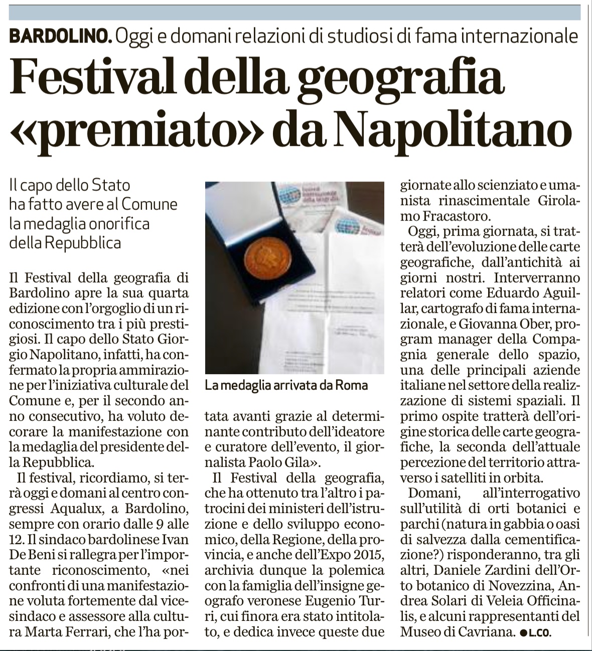 L’Arena: 24.10.2014 Festival della geografia “premiato” da Napolitano